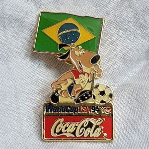 Coca‎ Cola Brazil World Cup 1994 Lapel Pin Flag Striker Dog Mascot Soccer Ball